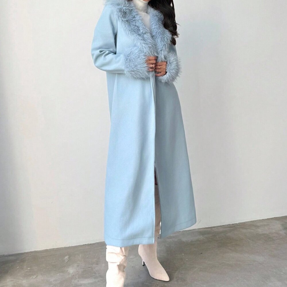 Baby Blue Elegant Women's Mid-Length Coat with Fur Collar - Picture 3 of 10